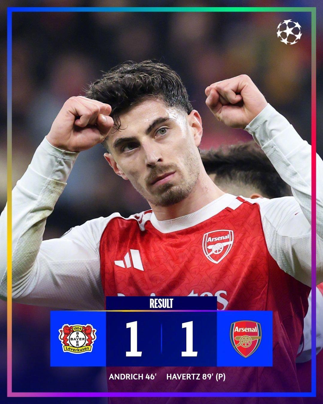 博鱼官网-热闻|哈弗茨点球绝平旧主!阿森纳1-1勒沃库森,欧冠8连胜终结